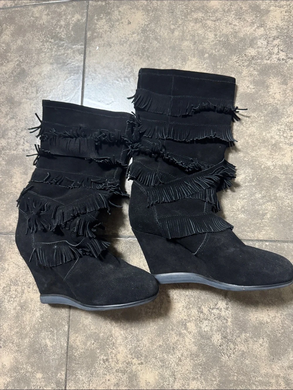 Black Fringe Suede Wedge Boots - Women's Stylish Mid-Calf
